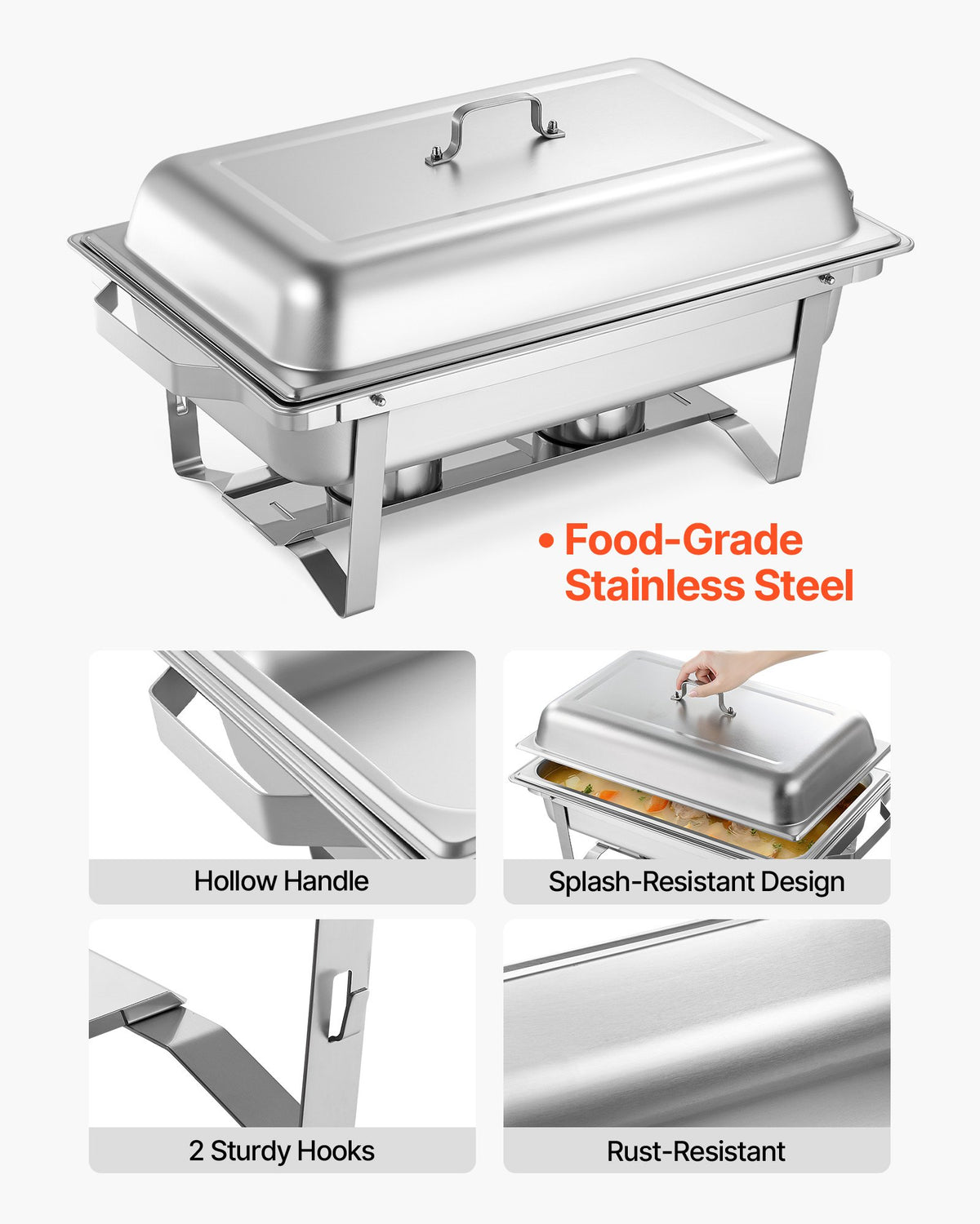 VEVOR Rectangle Chafing Dish, 9 Qt 4 Pack Stainless Steel Chafing Dish, Food Warmer Chafer Complete Set with Hollow Handle, 2 Food Tongs, Lid, Canister Holder, Chafer Dishes for Banquet Party Wedding