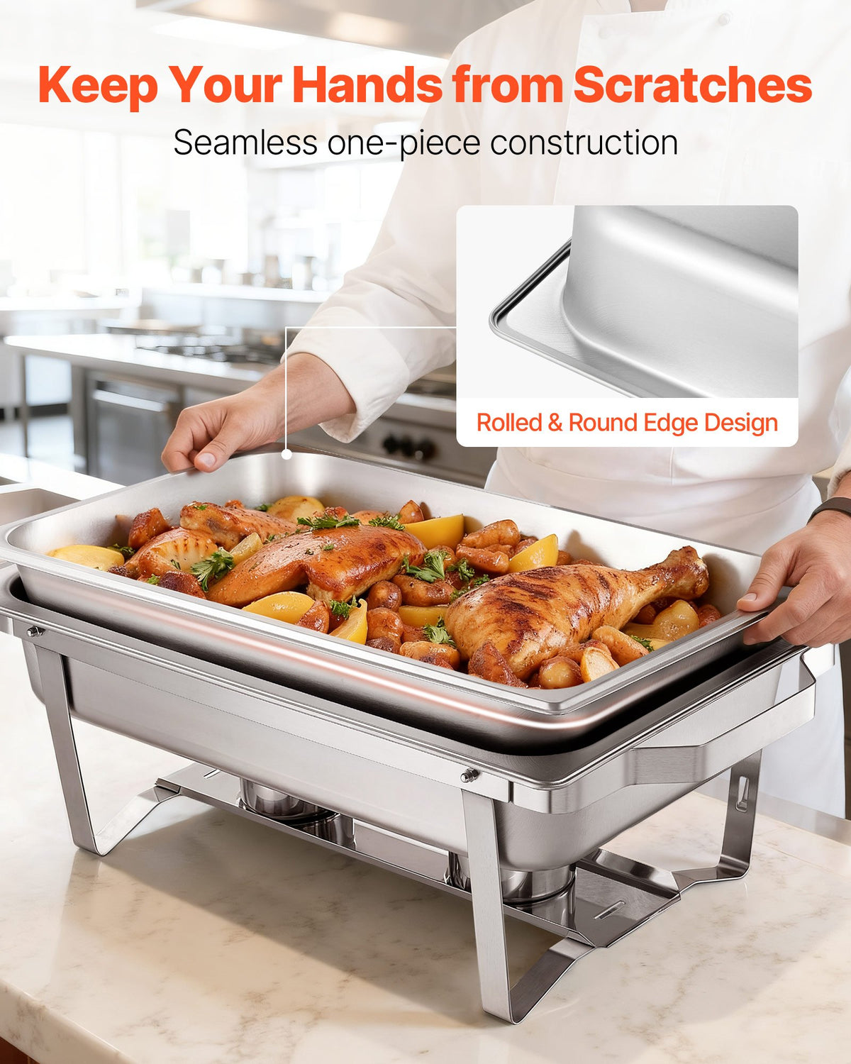 VEVOR Rectangle Chafing Dish, 9 Qt 4 Pack Stainless Steel Chafing Dish, Food Warmer Chafer Complete Set with Hollow Handle, 2 Food Tongs, Lid, Canister Holder, Chafer Dishes for Banquet Party Wedding