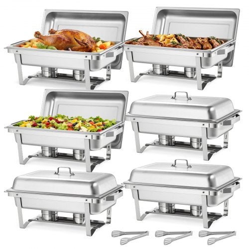 VEVOR Rectangle Chafing Dish, 9.91L 6 Pack Stainless Steel Chafing Dish, Food Warmer Chafer Complete Set with Hollow Handle, 3 Food Tongs, Lid, Fuel Holder, Chafer Dishes for Banquet Party Wedding