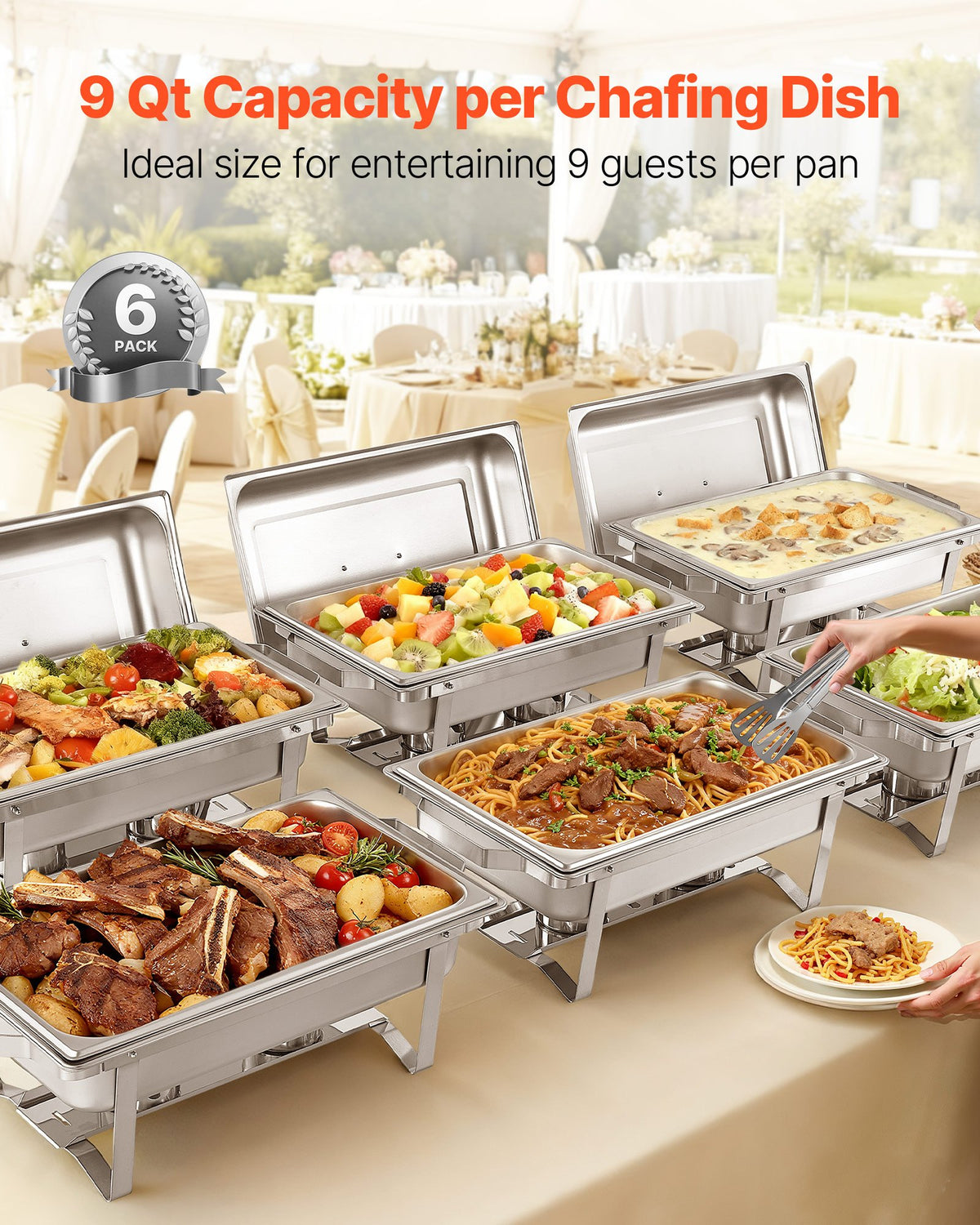 VEVOR Rectangle Chafing Dish, 9.91L 6 Pack Stainless Steel Chafing Dish, Food Warmer Chafer Complete Set with Hollow Handle, 3 Food Tongs, Lid, Fuel Holder, Chafer Dishes for Banquet Party Wedding