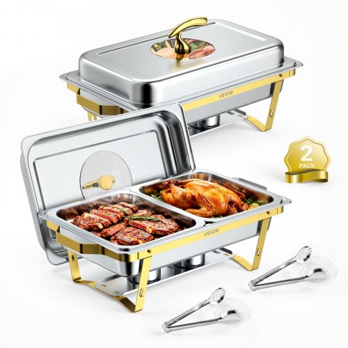 VEVOR 2 Packs Chafing Dishes for Buffet Set, 8.5L Stainless Steel Chafer, for Banquet Party Wedding, Rectangle Buffet Server Warmer, 1 Full & 2 Half-Size Pans, Glass Lid, Fuel Holder, Tong, Glass Pad