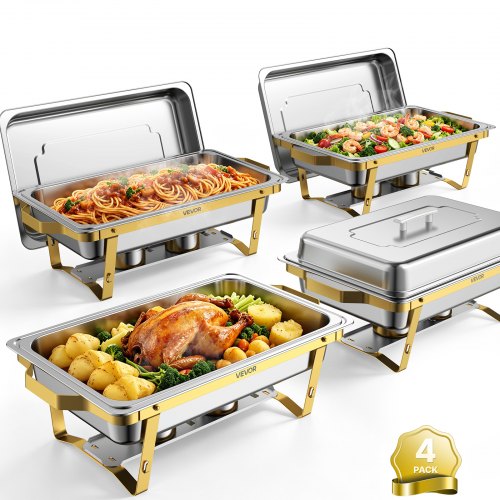 VEVOR 4 Packs Chafing Dishes for Buffet Set, 8.5L Stainless Steel Chafer, for Banquet Party Wedding, Rectangle Buffet Server and Warmer, with 4 Full Size Pans, Fuel Holder, and Foldable Stand