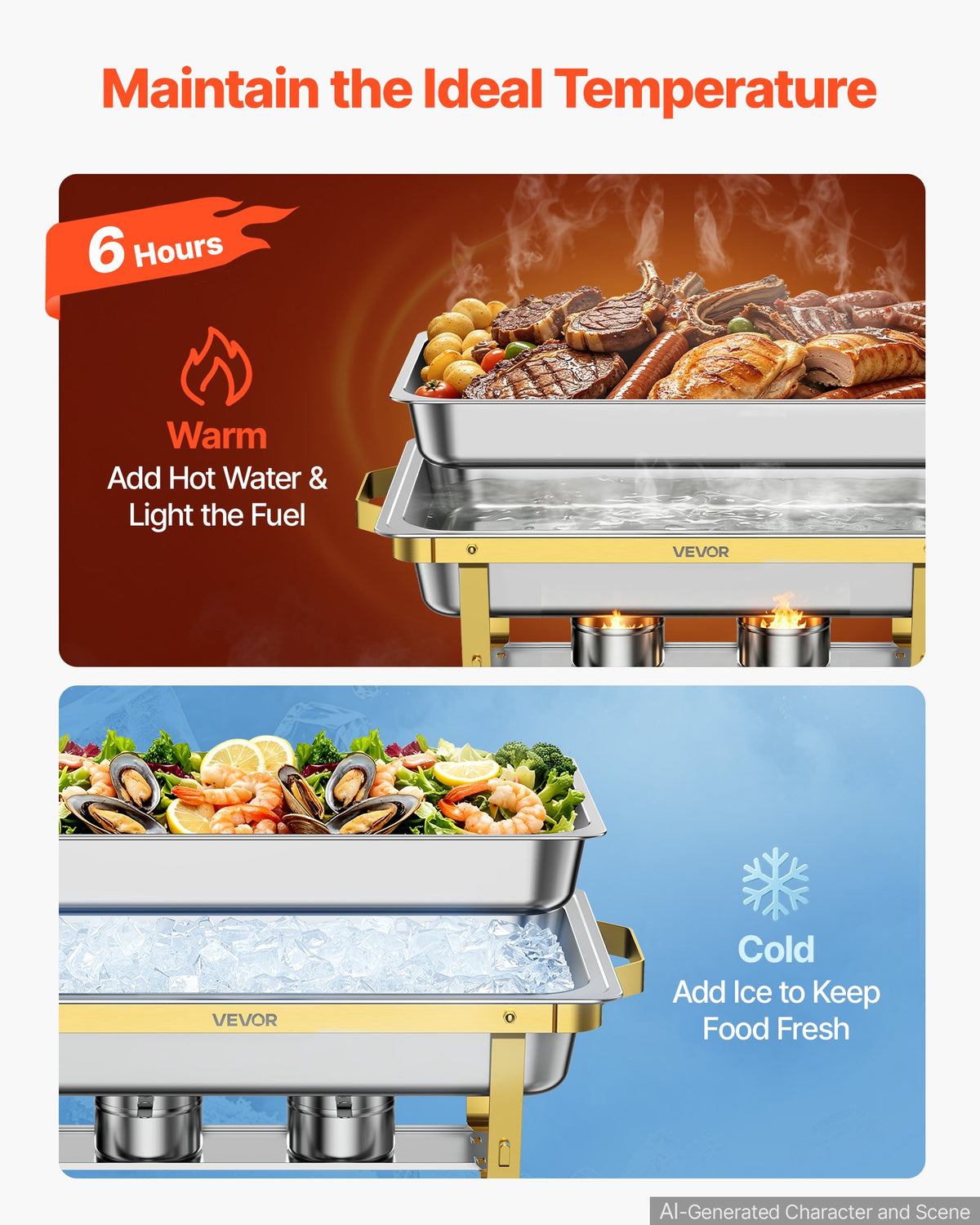 VEVOR 4 Packs Chafing Dishes for Buffet Set, 8.5L Stainless Steel Chafer, for Banquet Party Wedding, Rectangle Buffet Server and Warmer, with 4 Full Size Pans, Fuel Holder, and Foldable Stand