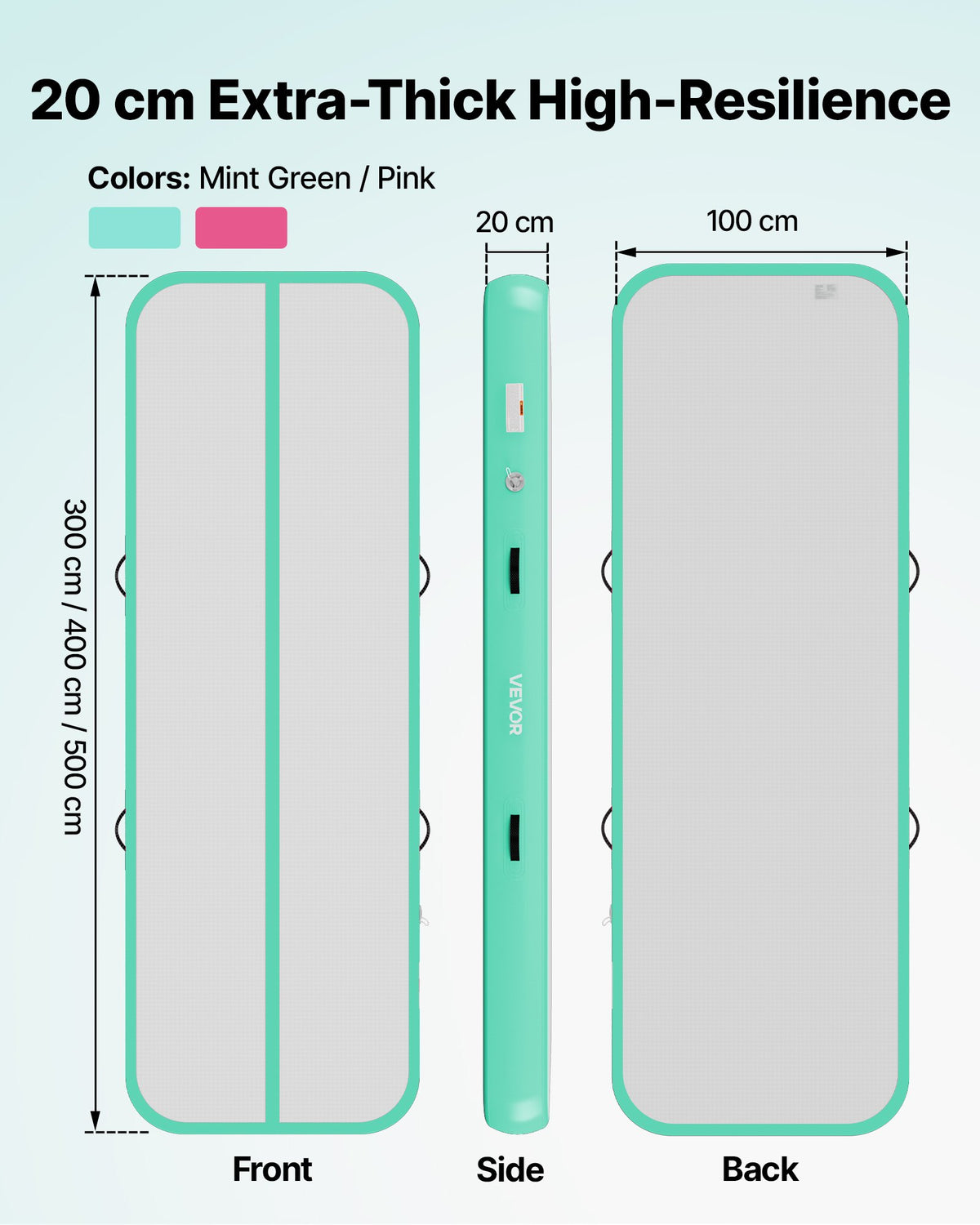 VEVOR Inflatable Gymnastics Air Mat 3m Training Mats w/ Electric Pump, 20 cm Thick Sturdy Tumble Track, Tumbling Mat for Home Use/Gym/Outdoor/Yoga/Cheerleading/Beach/Park/Water, Mint Green