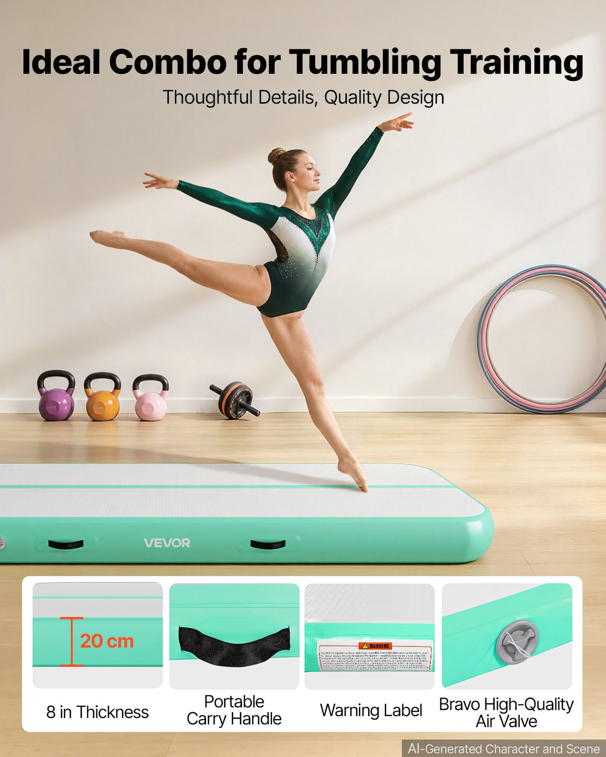 VEVOR Inflatable Gymnastics Air Mat 3m Training Mats w/ Electric Pump, 20 cm Thick Sturdy Tumble Track, Tumbling Mat for Home Use/Gym/Outdoor/Yoga/Cheerleading/Beach/Park/Water, Mint Green
