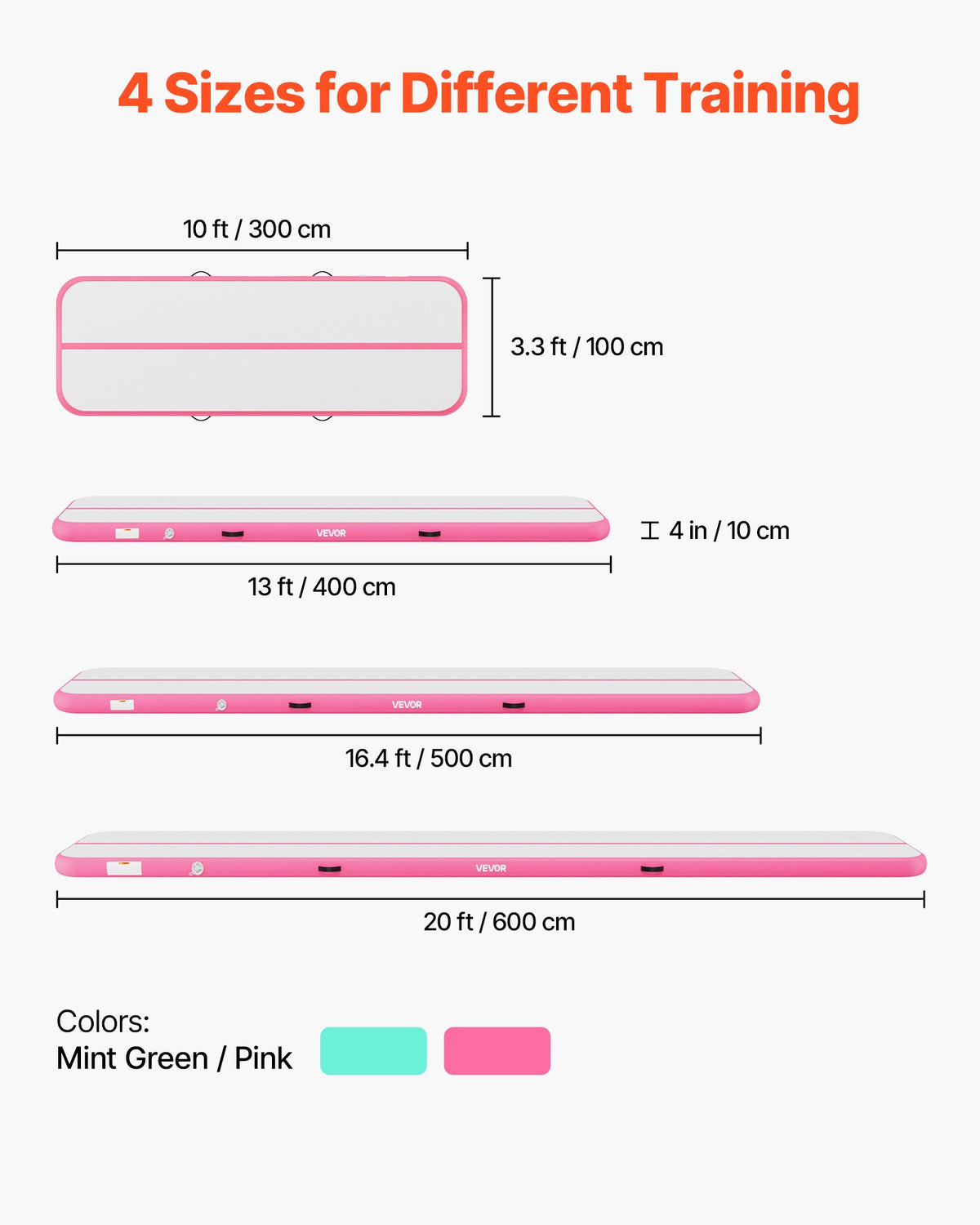 VEVOR Inflatable Gymnastics Air Mat 3m Training Mats w/ Electric Pump, 10 cm Thick Sturdy Tumble Track, Tumbling Mat for Home Use/Gym/Outdoor/Yoga/Cheerleading/Beach/Park/Water, Pink