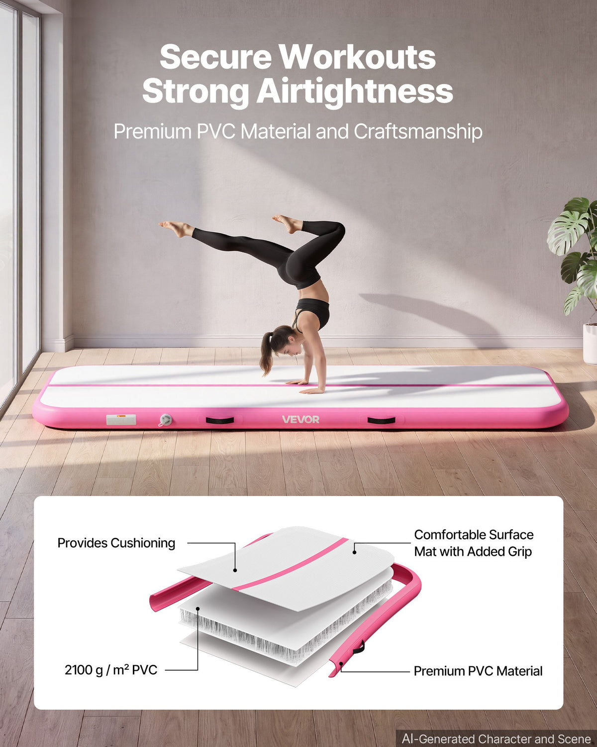 VEVOR Inflatable Gymnastics Air Mat 3m Training Mats w/ Electric Pump, 10 cm Thick Sturdy Tumble Track, Tumbling Mat for Home Use/Gym/Outdoor/Yoga/Cheerleading/Beach/Park/Water, Pink