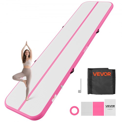 VEVOR Inflatable Gymnastics Air Mat 4m Training Mats w/ Electric Pump, 10 cm Thick Sturdy Tumble Track, Tumbling Mat for Home Use/Gym/Outdoor/Yoga/Cheerleading/Beach/Park/Water, Pink