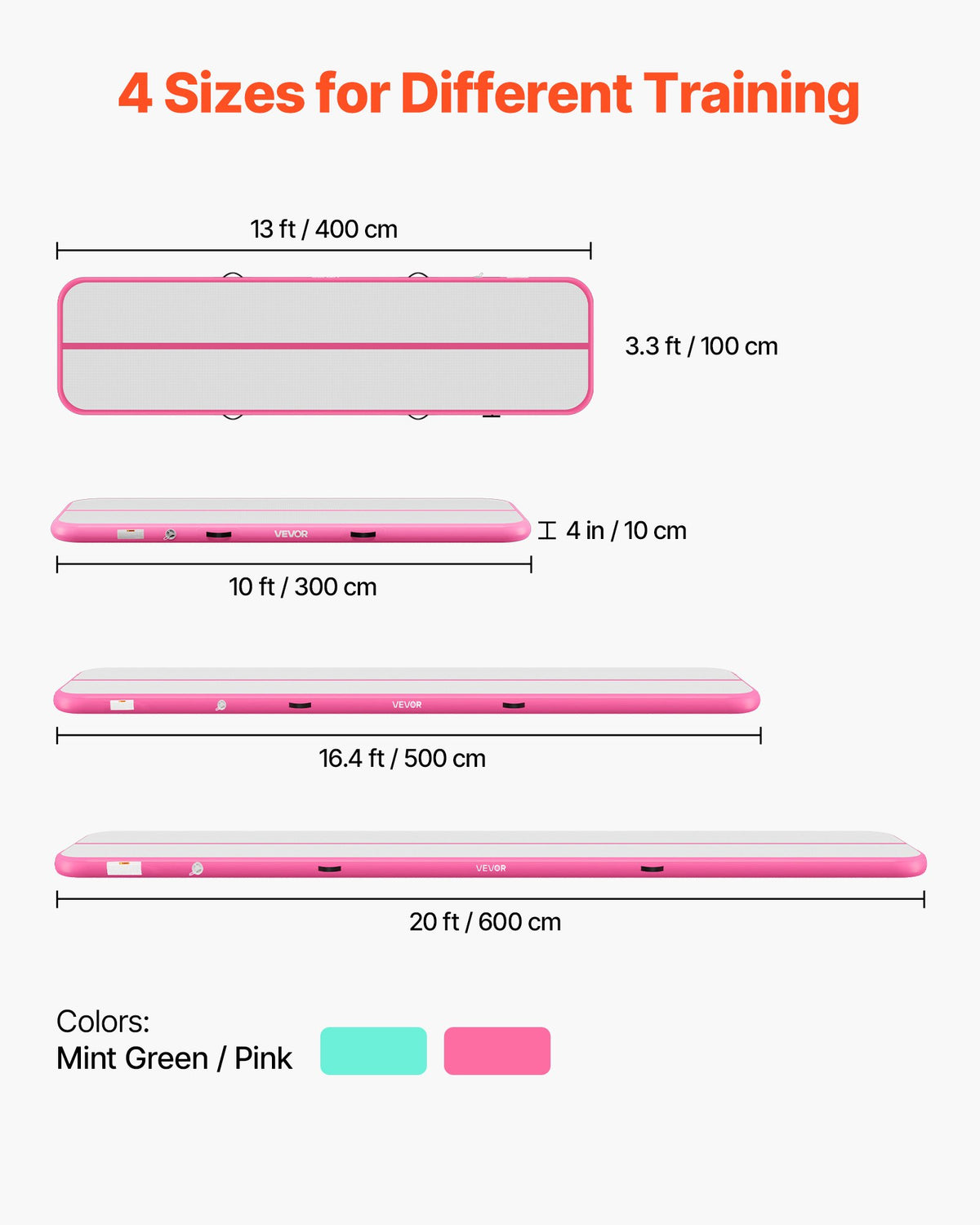 VEVOR Inflatable Gymnastics Air Mat 4m Training Mats w/ Electric Pump, 10 cm Thick Sturdy Tumble Track, Tumbling Mat for Home Use/Gym/Outdoor/Yoga/Cheerleading/Beach/Park/Water, Pink