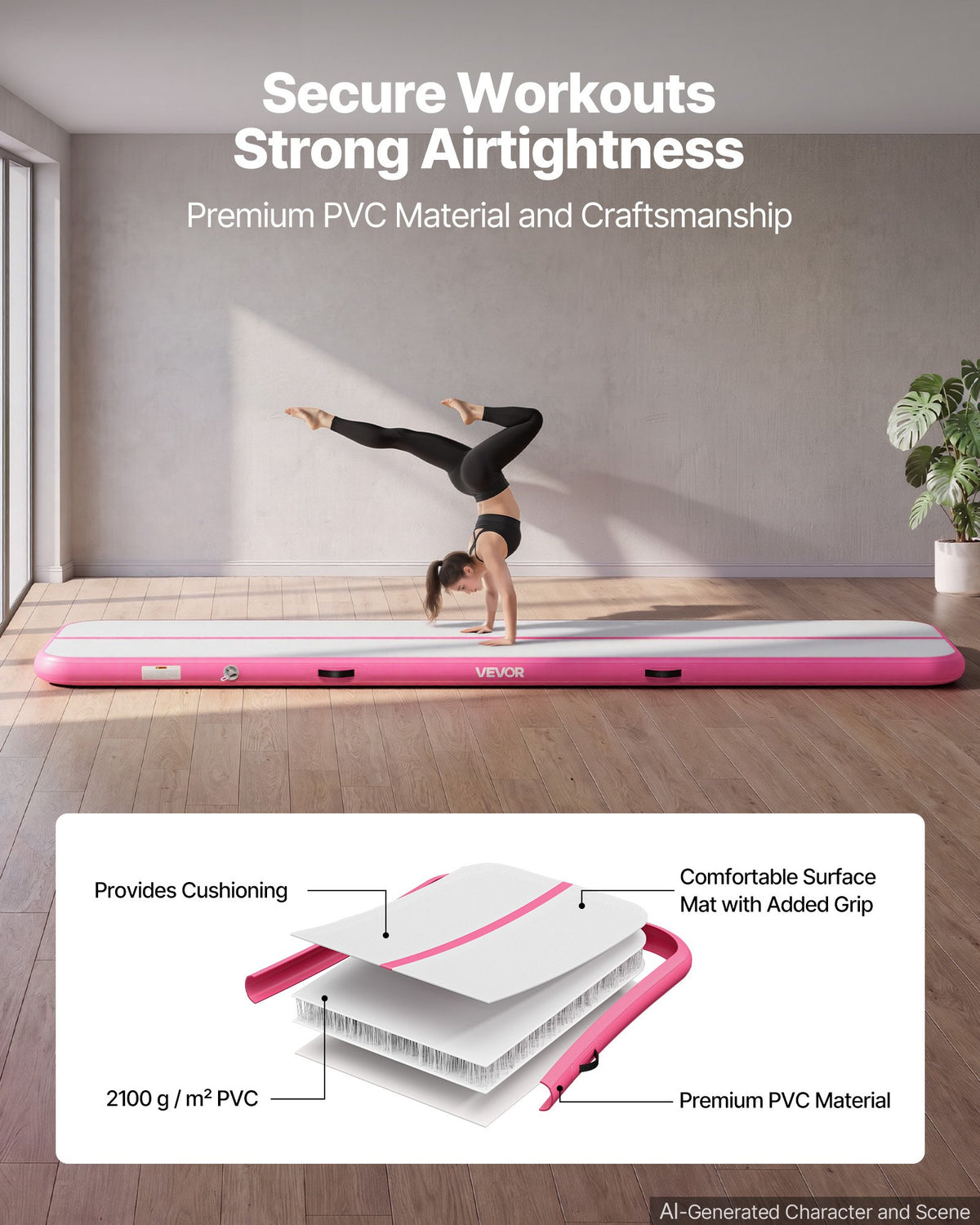 VEVOR Inflatable Gymnastics Air Mat 4m Training Mats w/ Electric Pump, 10 cm Thick Sturdy Tumble Track, Tumbling Mat for Home Use/Gym/Outdoor/Yoga/Cheerleading/Beach/Park/Water, Pink