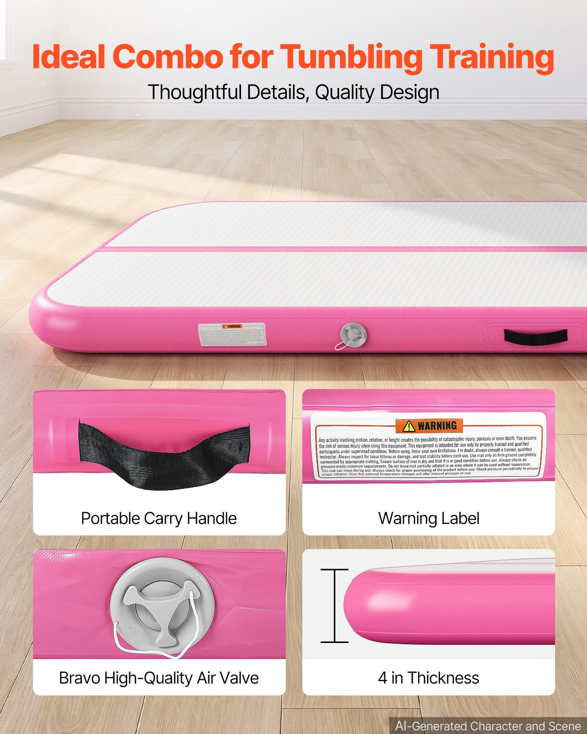 VEVOR Inflatable Gymnastics Air Mat 4m Training Mats w/ Electric Pump, 10 cm Thick Sturdy Tumble Track, Tumbling Mat for Home Use/Gym/Outdoor/Yoga/Cheerleading/Beach/Park/Water, Pink