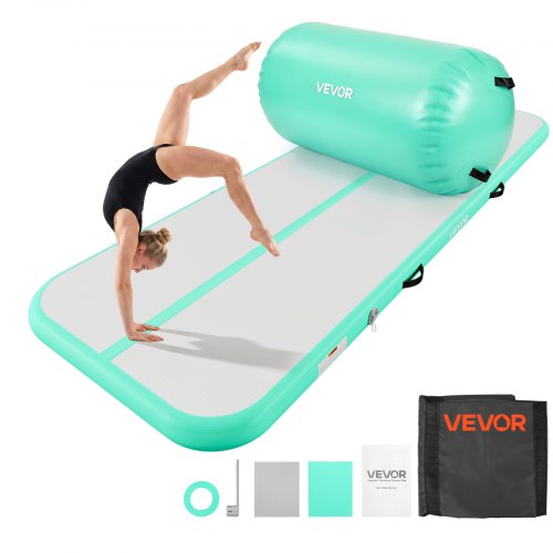 VEVOR Inflatable Gymnastics Air Mat with Air Barrel 3m Training Mats, 10 cm Thick Sturdy Tumble Track with Electric Pump, Tumbling Mat for Home Use/Gym/Outdoor/Yoga/Cheerleading, Mint Green
