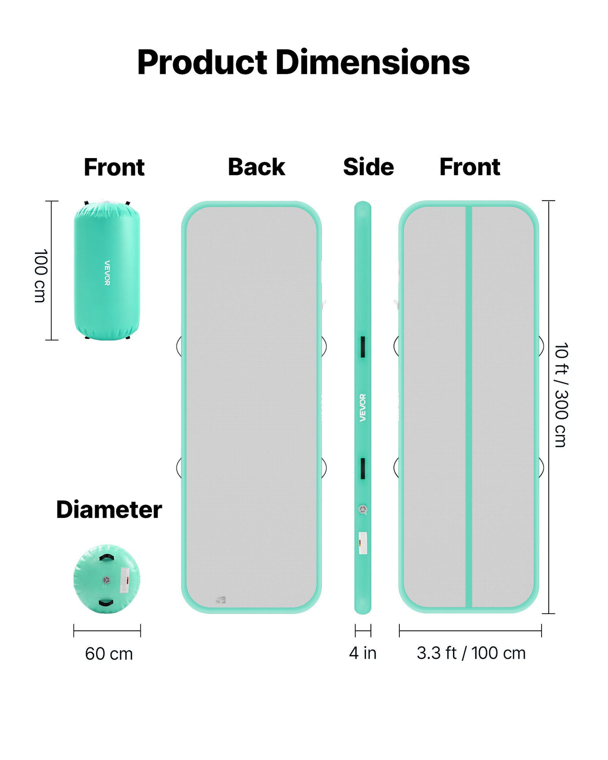 VEVOR Inflatable Gymnastics Air Mat with Air Barrel 3m Training Mats, 10 cm Thick Sturdy Tumble Track with Electric Pump, Tumbling Mat for Home Use/Gym/Outdoor/Yoga/Cheerleading, Mint Green