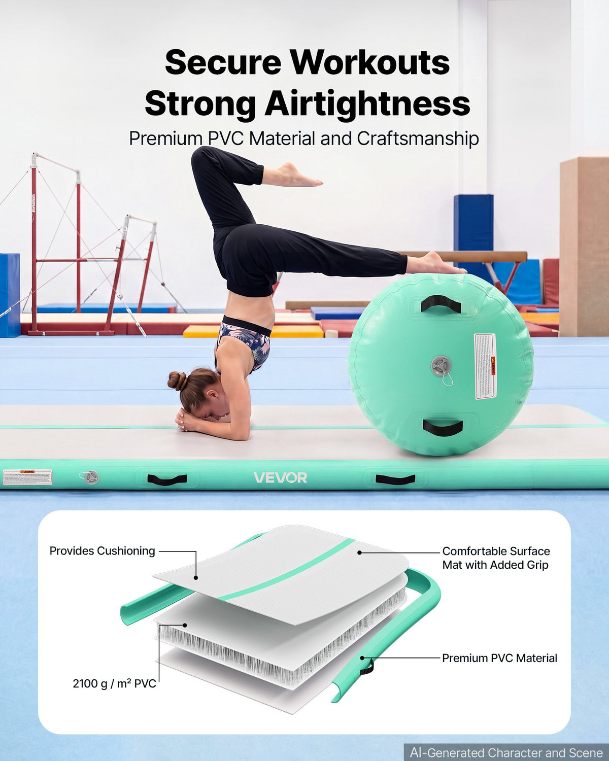 VEVOR Inflatable Gymnastics Air Mat with Air Barrel 3m Training Mats, 10 cm Thick Sturdy Tumble Track with Electric Pump, Tumbling Mat for Home Use/Gym/Outdoor/Yoga/Cheerleading, Mint Green