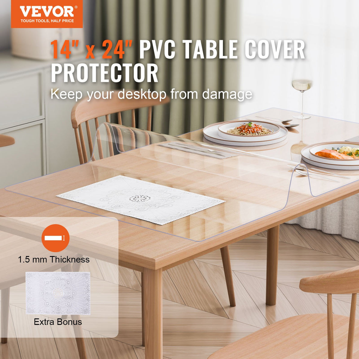 VEVOR Plastic Table Cover, 14 x 24 Inch 1.5 mm Thick Clear Table Protector, Rectangle PVC Desk Mat, Waterproof & Easy Cleaning Desk Pad Tablecloth, for Office Dresser Dining Room Table Night Stand
