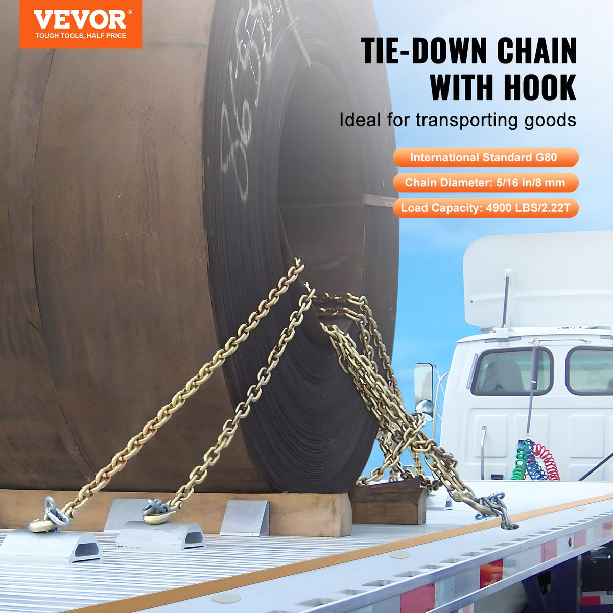 VEVOR G80 Transport Binder Chain, 5/16" x 14.2' Tow Chain with Clevis Grab Hooks, 4900 lbs Safe Working Load, Heavy Duty Trailer Logging Chain for Transporting Towing Truck Tie Down Binding Equipment