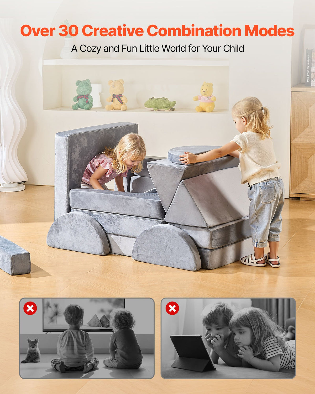 VEVOR Modular Kids Play Couch, Sectional Toddler Sofa with Armrests, 28D Sponge & Short Pile, Convertible Kids Modular Couch DIY Creative Combination for Playroom, Bedroom, Living Room, 14 Pcs, Gray