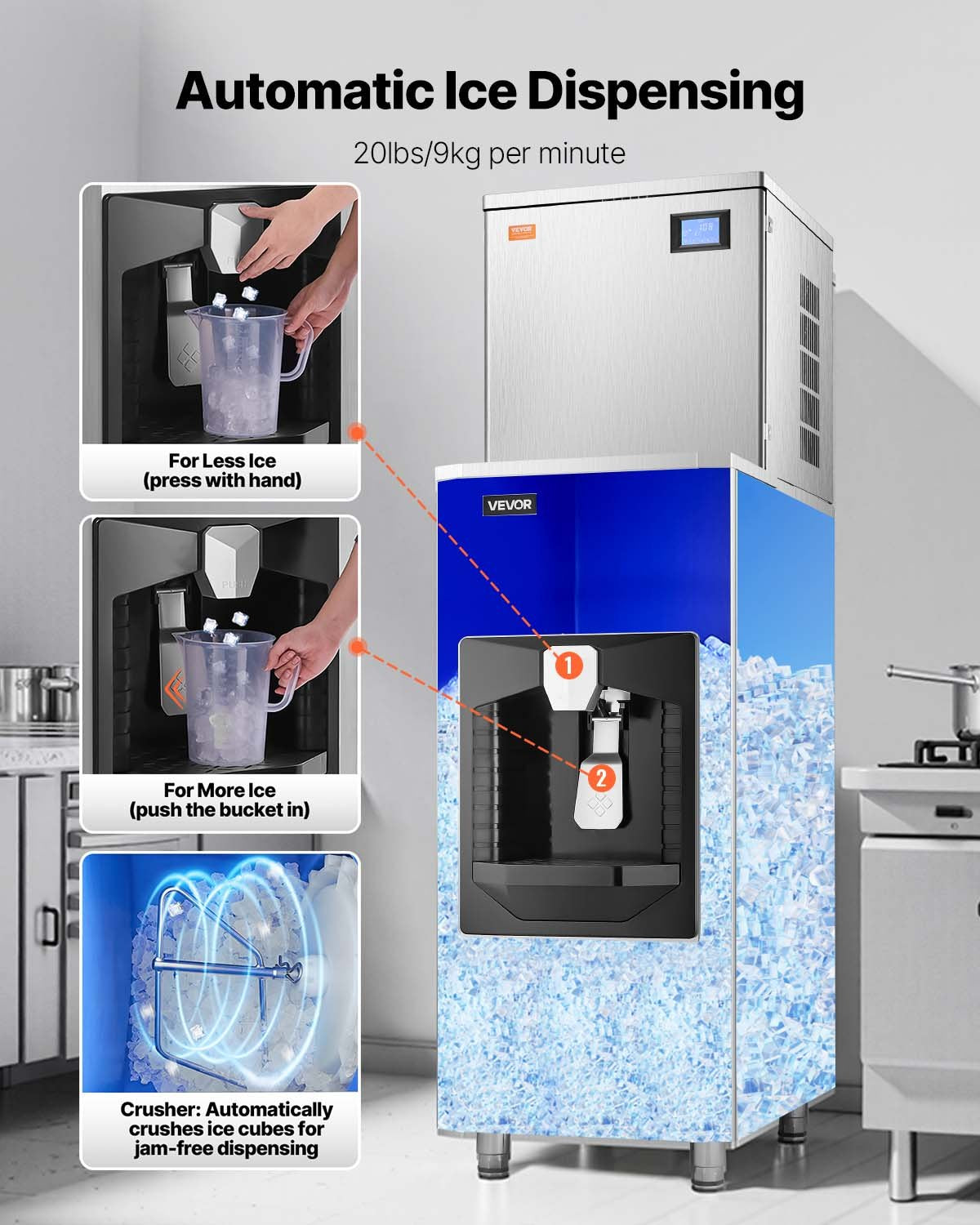 VEVOR Commercial Ice Maker, 440 Lbs/Day Ice Maker Machine, 180 Lbs Large Ice Storage Bin with 20 Lbs/Min Automatic Ice Dispensing, Self-Cleaning Ice Machine with Touchscreen for Bar, Cafe, Restaurant