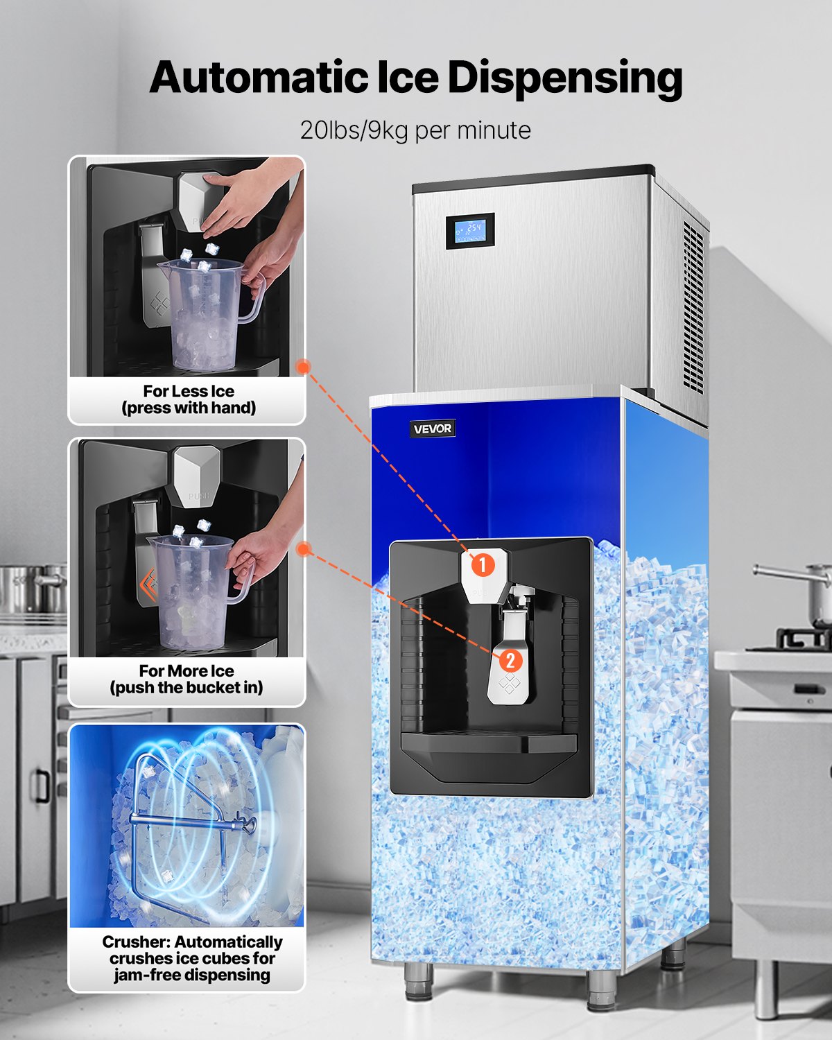 VEVOR Commercial Ice Maker, 500 Lbs/Day Ice Maker Machine, 180 Lbs Large Ice Storage Bin with 20 Lbs/Min Automatic Ice Dispensing, Self-Cleaning Ice Machine with Touchscreen for Bar, Cafe, Restaurant