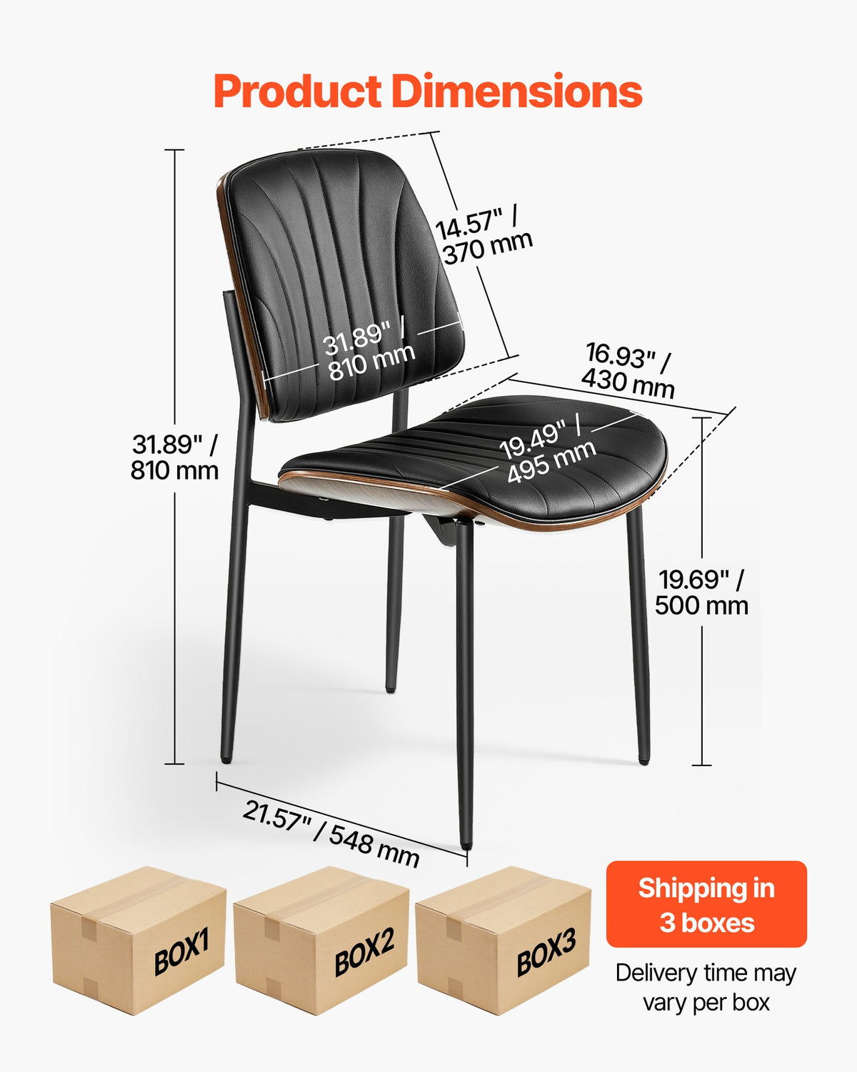 VEVOR Modern Dining Room Accent Chairs Set of 6, Upholstered Leather Side Chair for Dining Tables, Space-Saving Kitchen Table Chair with Thick Cushions and Metal Legs, Black