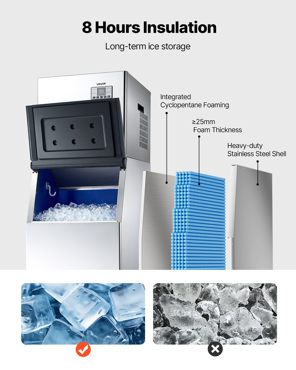VEVOR Commercial Ice Maker Machine, 181KG/24H Ice-Making Machine with 136KG Stainless Steel Storage Bin, Auto Self-Cleaning Ice Maker with Touchscreen for Bar Cafe Restaurant Business Commercial