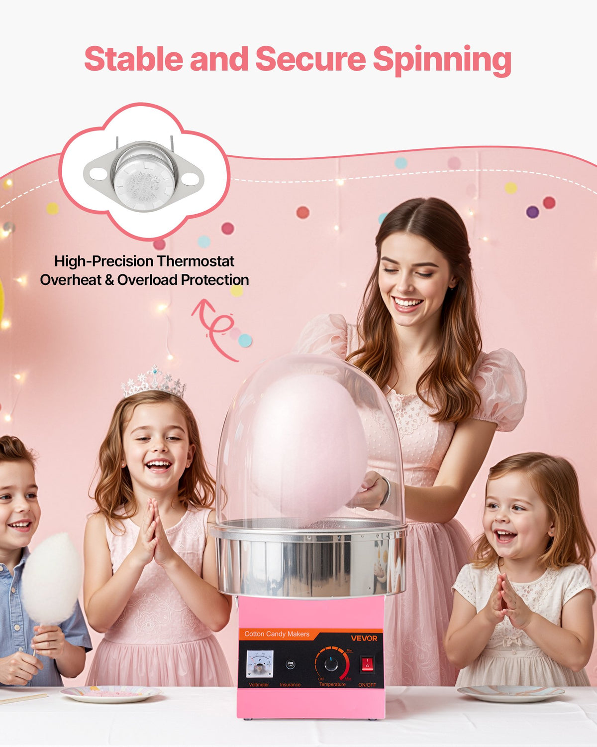 VEVOR Electric Cotton Candy Machine, 1000W Commercial Floss Maker With Cover, Commercial Cotton Candy Machine w/Stainless Steel Bowl & Sugar Scoop, Ideal for Carnival, Birthday, Family Party, Pink