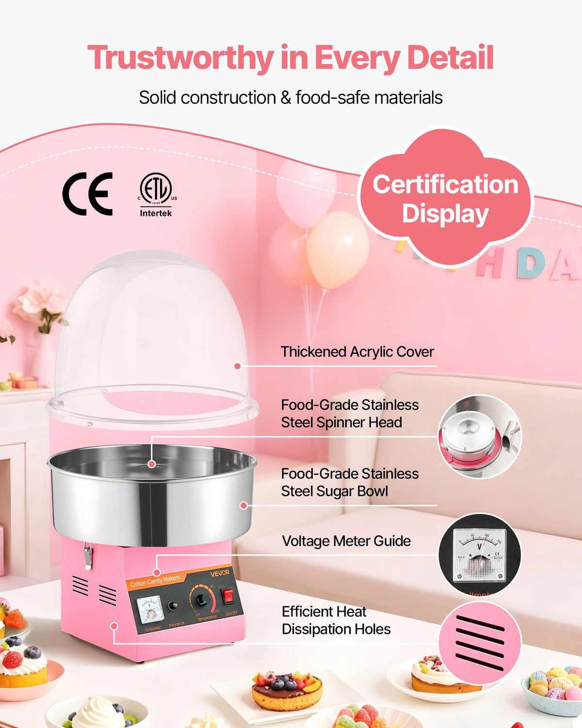 VEVOR Electric Cotton Candy Machine, 1000W Commercial Floss Maker With Cover, Commercial Cotton Candy Machine w/Stainless Steel Bowl & Sugar Scoop, Ideal for Carnival, Birthday, Family Party, Pink