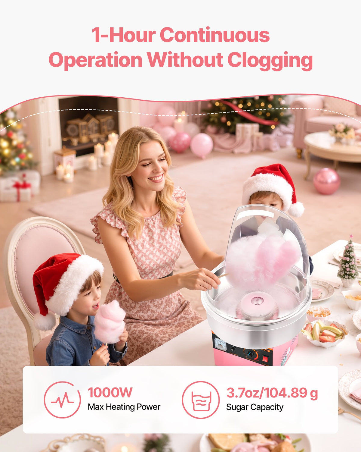 VEVOR Electric Cotton Candy Machine, 1000W Electric Floss Maker With Cover, Commercial Cotton Candy Machine w/Stainless Steel Bowl & Sugar Scoop, Ideal for Home, Carnival, Birthday, Family Party, Pink