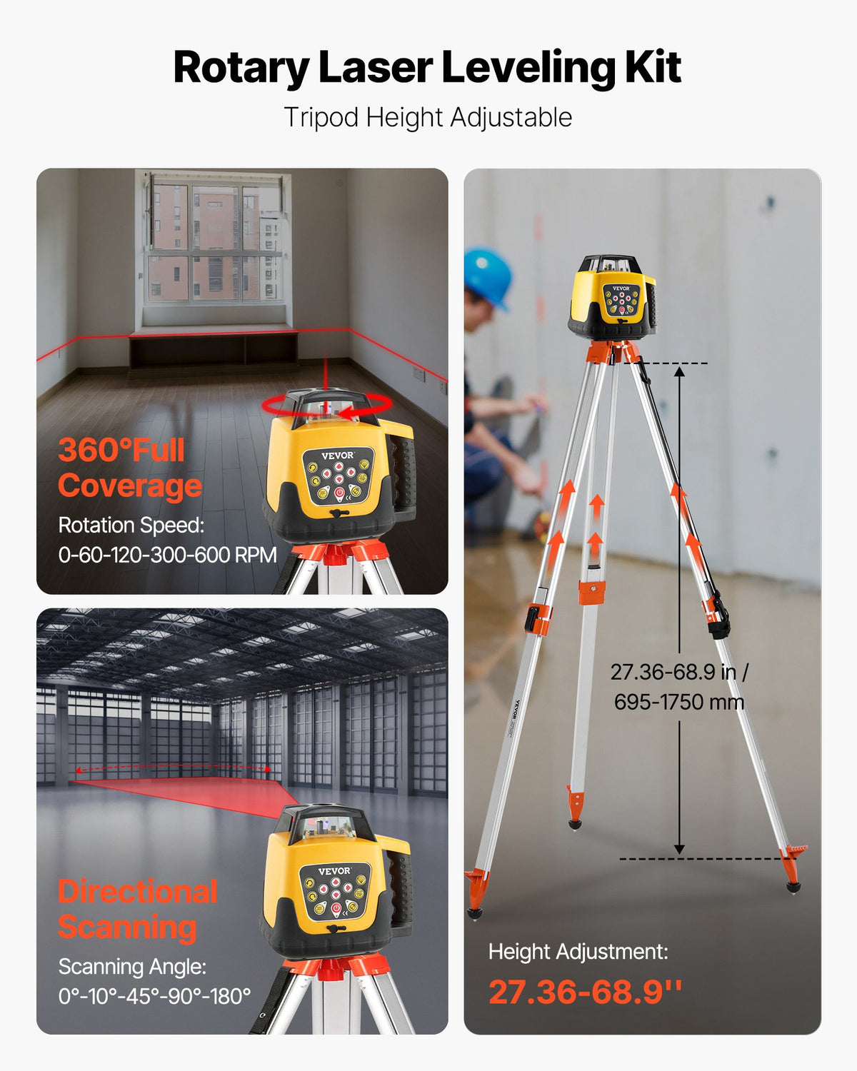 VEVOR Rotary Laser Level Kit, with Tripod+Staff Gauge, Red Beam 984 ft Range Slope Adjustable 360-Degree Spinning, Flexible Scanning Angle, Accurate with Remote Control Receiver Carrying Case