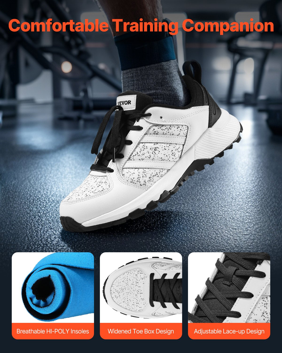 VEVOR Cross Training Shoes, M Width Sneakers UK Size 11, Wide Toe Box Shoes with Arch Support & Adjustable Lace-up, Training Shoes for Running, Gymnastics, Dog Walking, and Weightlifting (White)