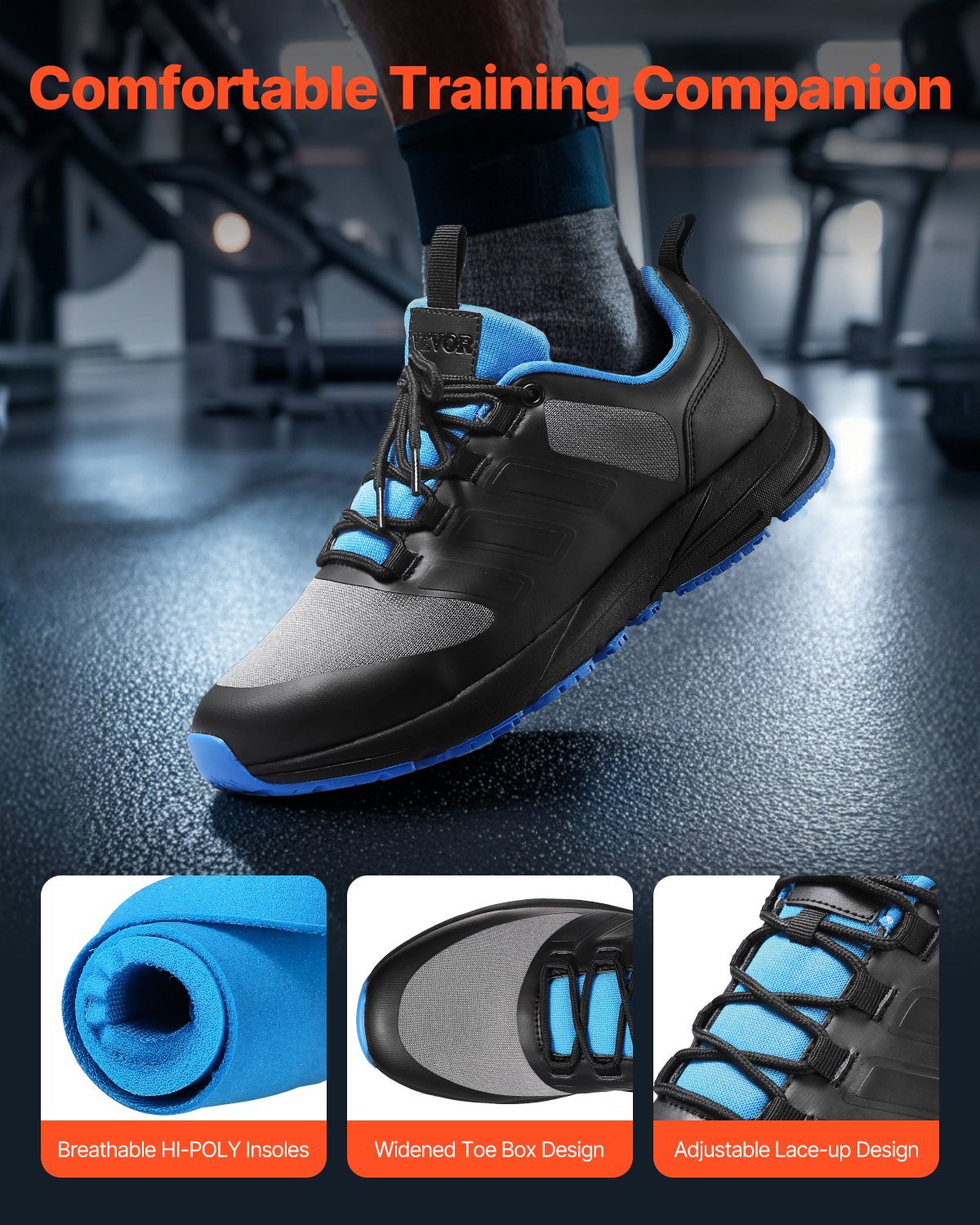 VEVOR Cross Training Shoes, M Width Sneakers UK Size 7, Wide Toe Box Shoes with Arch Support & Adjustable Lace-up, Training Shoes for Running, Gymnastics, Dog Walking, and Weightlifting (Black)