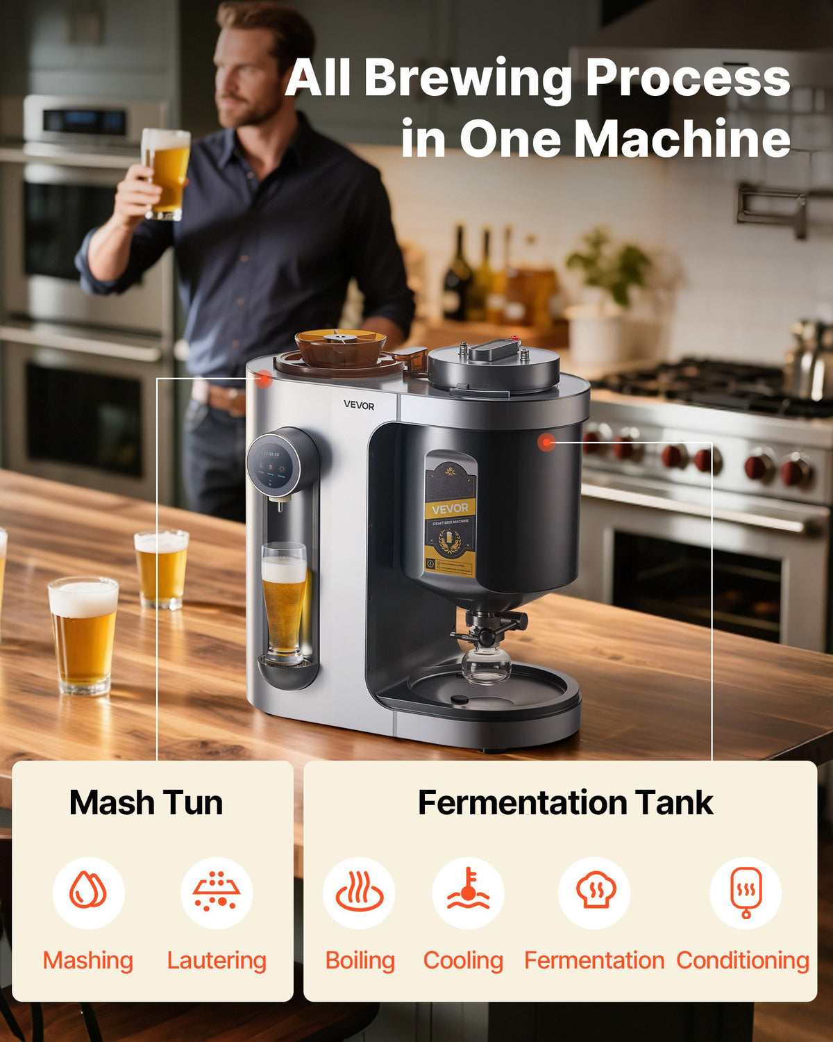 VEVOR Automatic Home Beer Brewer, 1500W Electric Beer Brewing Machine, 13L All-in-One Home Brewer with Mash Boil Device, 304 Stainless Steel Internal Tank, Auto Temperature & Pressure Control