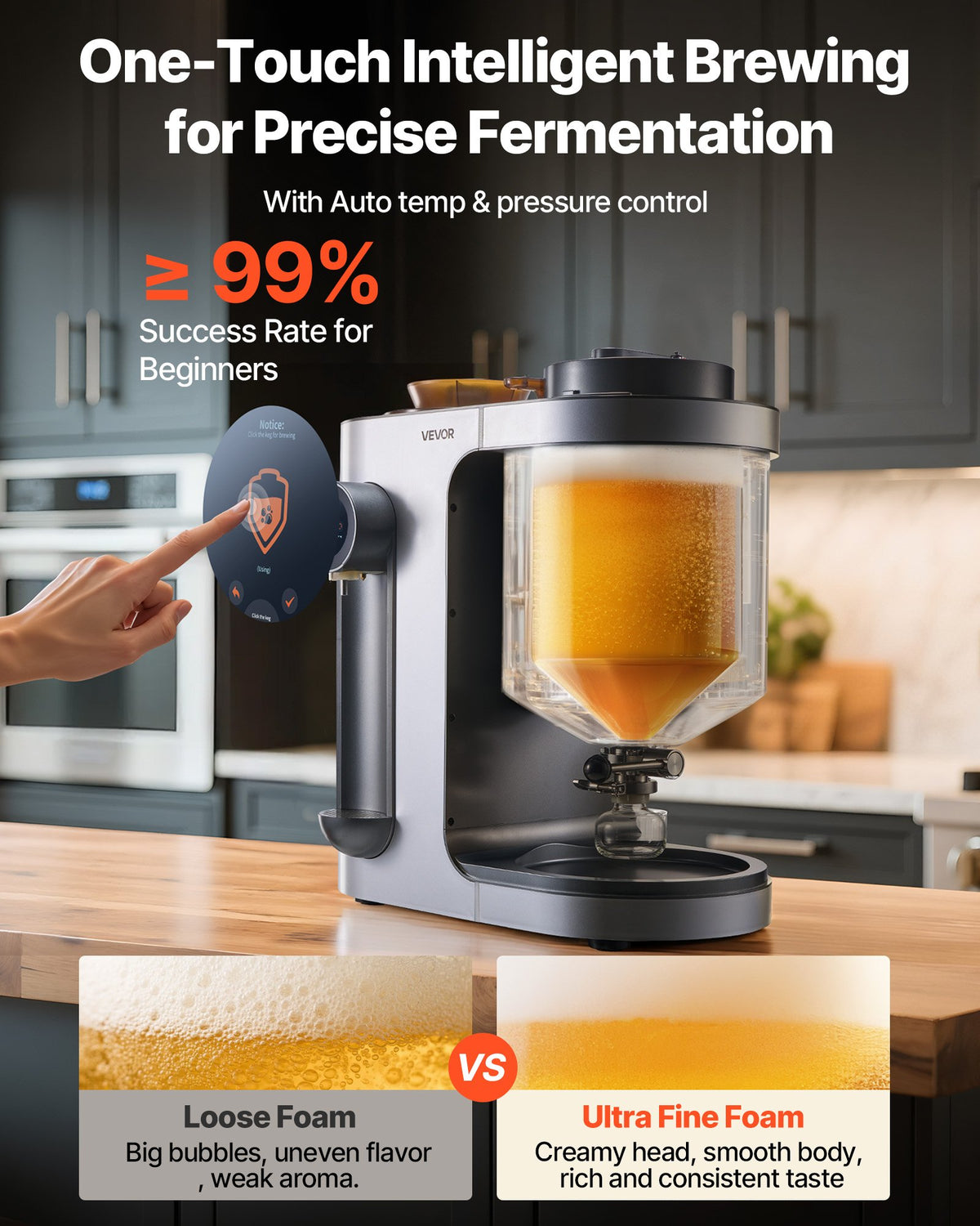 VEVOR Automatic Home Beer Brewer, 1500W Electric Beer Brewing Machine, 13L All-in-One Home Brewer with Mash Boil Device, 304 Stainless Steel Internal Tank, Auto Temperature & Pressure Control