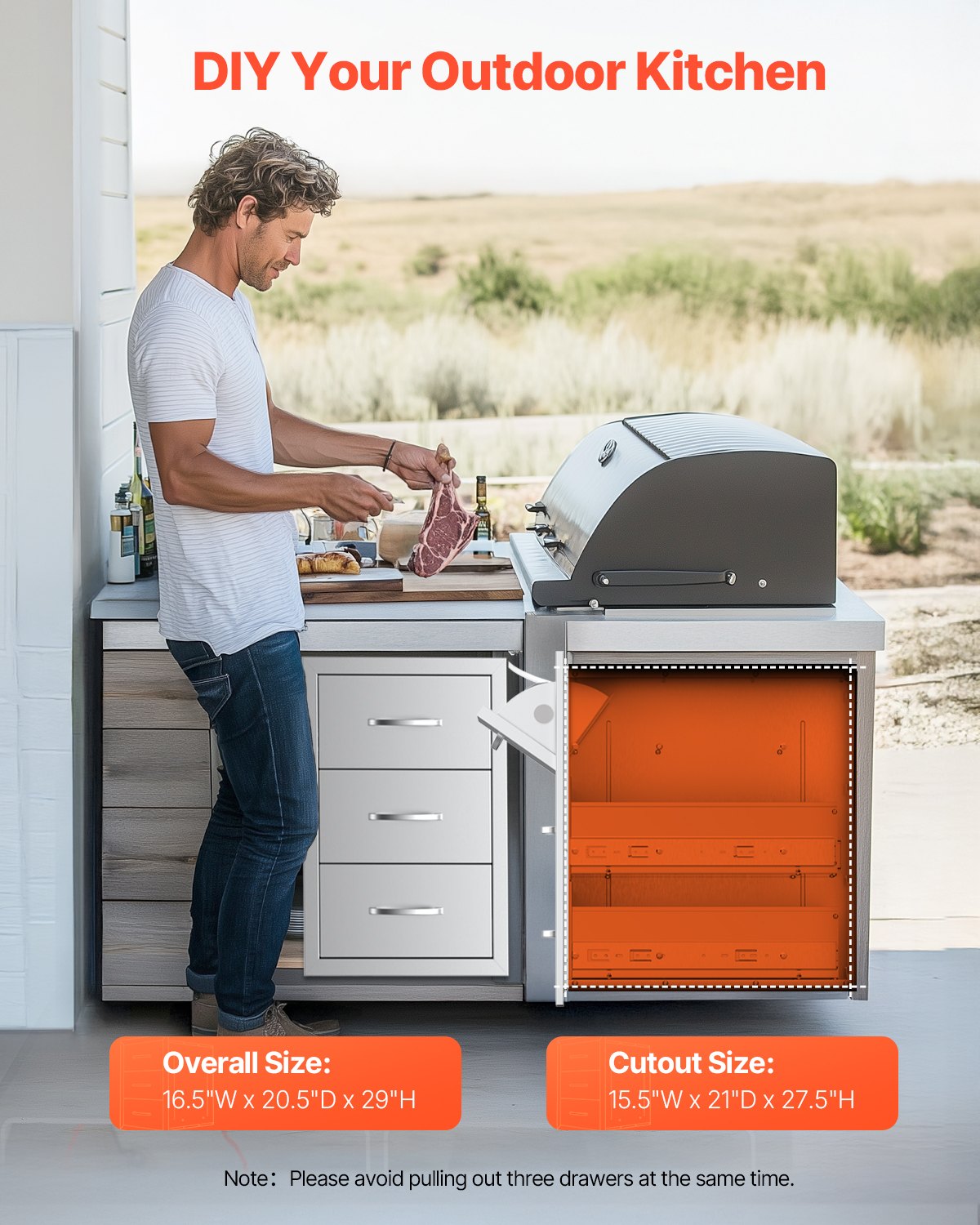 VEVOR Outdoor Kitchen Drawers, 16.5"W x 29"H x 20.5"D Triple Access Drawers, Stainless Steel Flush Mount Cabinets, BBQ Island Drawers Storage with Paper Towel Holder & Handle, for Patio Grill Station