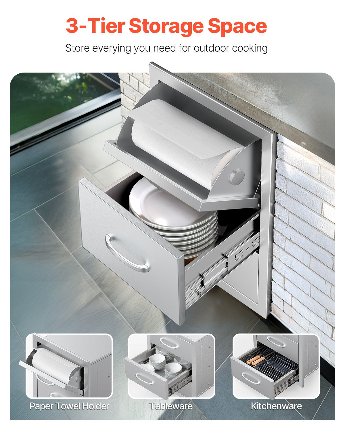 VEVOR Outdoor Kitchen Drawers, 16.5"W x 29"H x 20.5"D Triple Access Drawers, Stainless Steel Flush Mount Cabinets, BBQ Island Drawers Storage with Paper Towel Holder & Handle, for Patio Grill Station