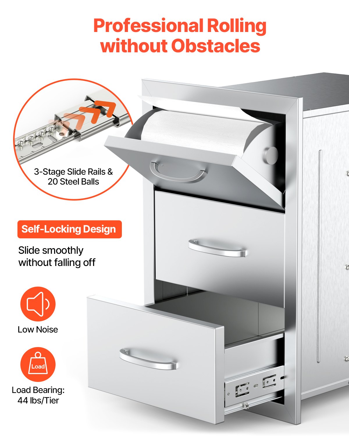 VEVOR Outdoor Kitchen Drawers, 16.5"W x 29"H x 20.5"D Triple Access Drawers, Stainless Steel Flush Mount Cabinets, BBQ Island Drawers Storage with Paper Towel Holder & Handle, for Patio Grill Station