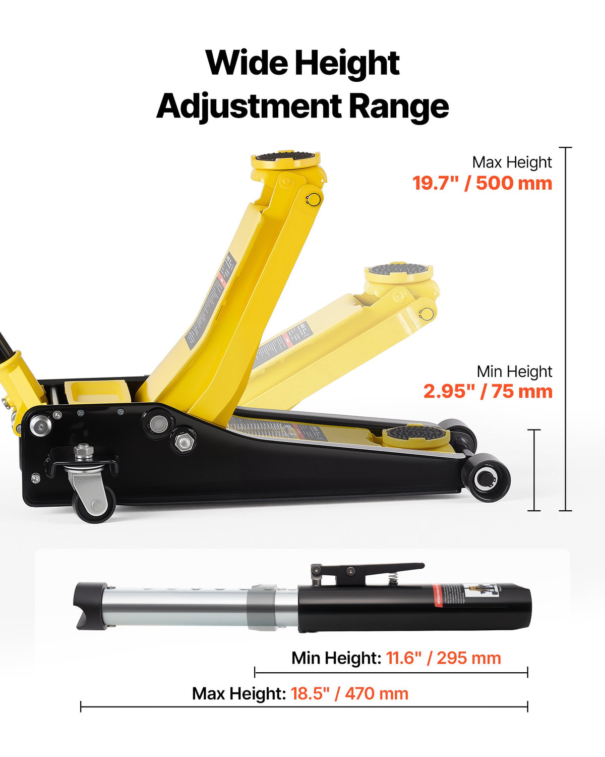 VEVOR Low Profile Floor Jack, 3 Ton Capacity, Steel Racing Floor Jack with Dual Pistons Quick Lift Pump, Hydraulic Trolley Car Lift for Sports Cars, Sedans, SUVs, Pickups, Lifting Range 75-500 mm