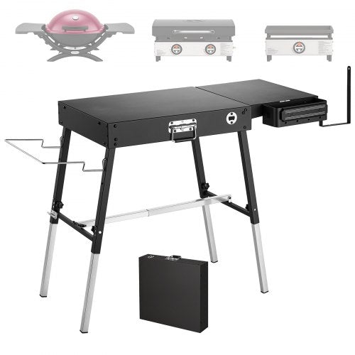 VEVOR Folding Grill Table 87x45 cm Camping Griddle Stand Fit 43 & 56 cm, for Picnic BBQ Tailgating, Carbon Steel, Adjustable Height, 158 kg, Outdoor Cart with Magnetic Tool Rack and Tissue Holder
