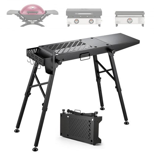 VEVOR Folding Grill Table 104x30 cm Camping Griddle Stand Fit 43 & 56 cm, for Picnic BBQ Tailgating, Carbon Steel, Adjustable Height, 158 kg Capacity, Outdoor Cart with Seasoning Basket, Side Shelf