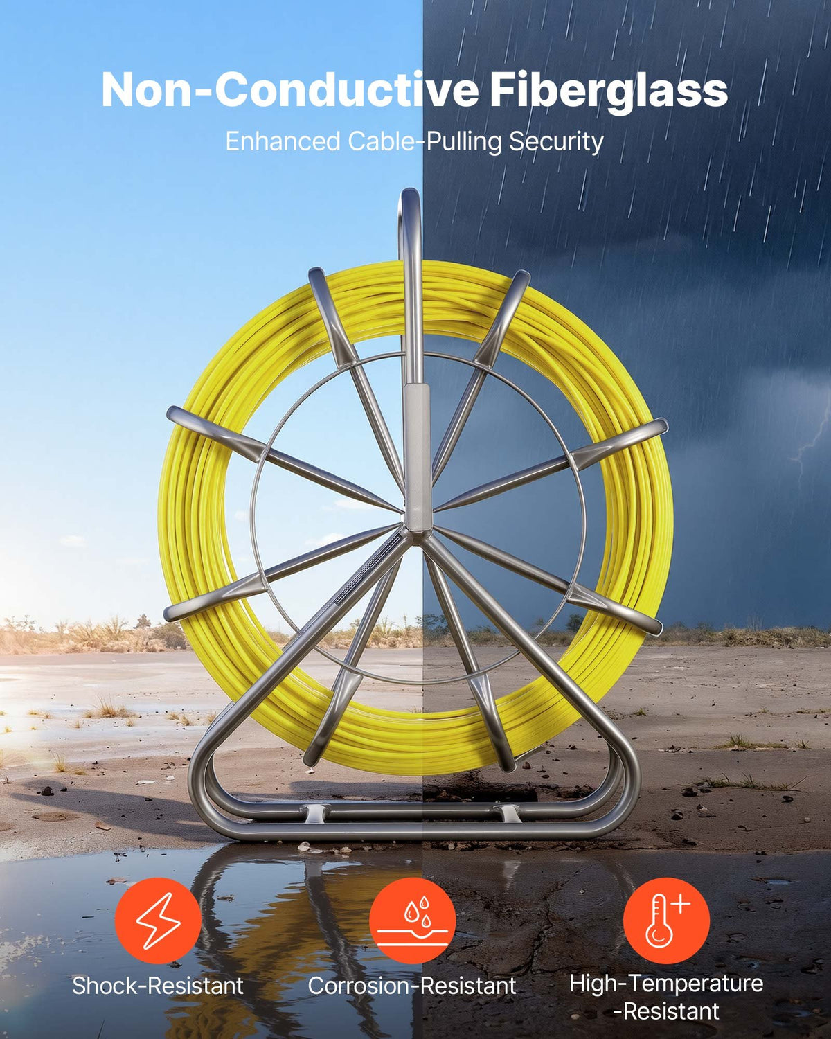 VEVOR Fish Tape Fiberglass, 100M 6.3MM, Duct Rodder Fishtape Wire Puller with Stand, Cable Running Rod with Locking Mechanism, Fishing Tools, for Walls Floor and Electrical Conduit, Non-Conductive