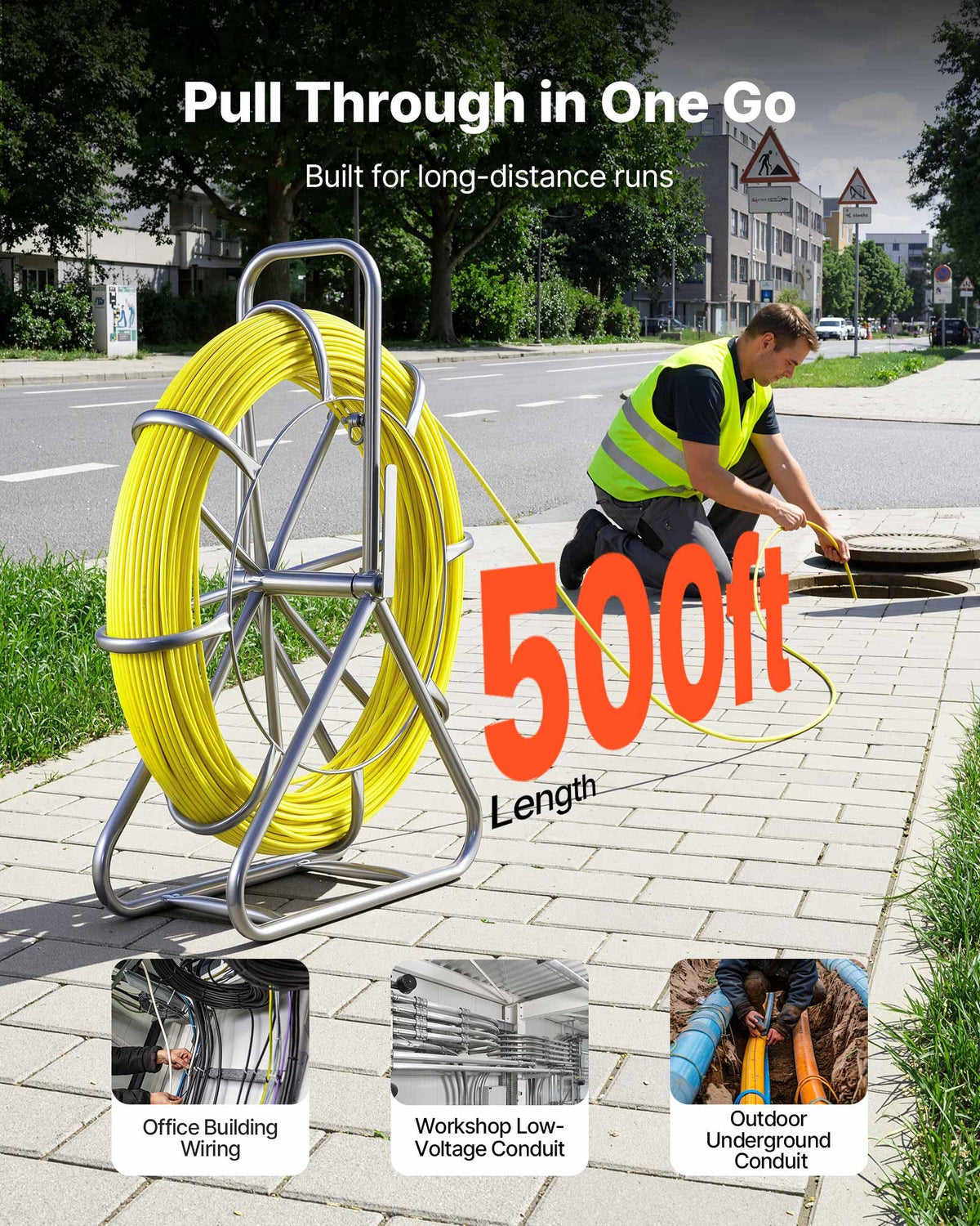 VEVOR Fish Tape Fiberglass, 152M 6.3MM, Duct Rodder Fishtape Wire Puller with Stand, Cable Running Rod with Locking Mechanism, Fishing Tools, for Walls Floor and Electrical Conduit, Non-Conductive
