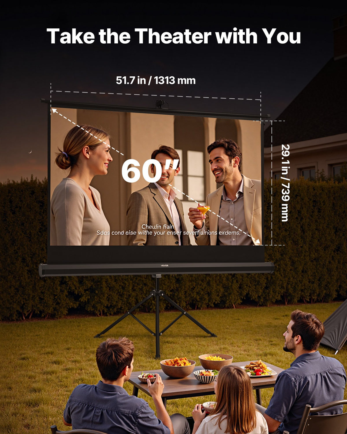 VEVOR Projector Screen with Stand, 60 Inch 160° Wide Angle Indoor Outdoor Projection Screen, 16:9 4K HD Wrinkleless Portable Tripod Screens with Carry Bag, for Movie Home Theater Office Presentation
