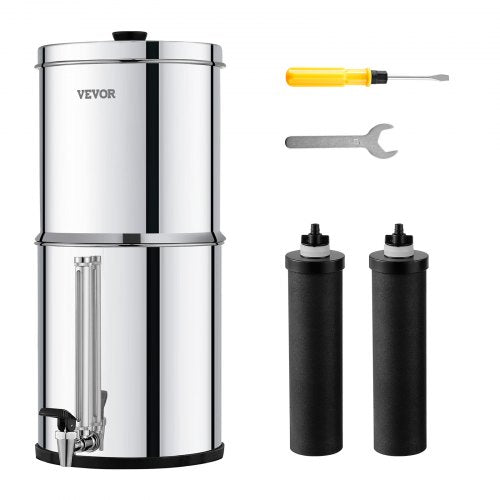 VEVOR Gravity-fed Water Filter System, 2.25G 304 Stainless-Steel Countertop System, Water Filtration System, Reduces Lead and up to 99% of Chlorine, with 2 Carbon Filters, and Water Level  Spigot