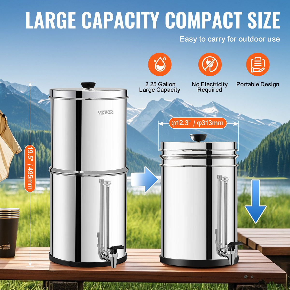 VEVOR Gravity-fed Water Filter System, 2.25G 304 Stainless-Steel Countertop System, Water Filtration System, Reduces Lead and up to 99% of Chlorine, with 2 Carbon Filters, and Water Level  Spigot