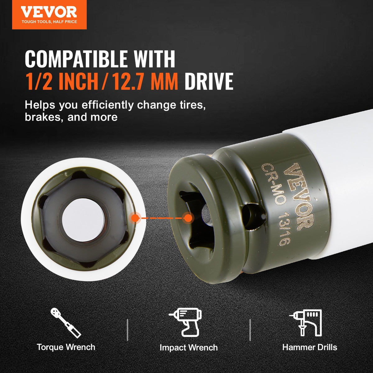 VEVOR Lug Nut Impact Socket Set, 1/2 inch Drive Metric and SAE 6-Point Deep Socket Set, 8 Total Lug Nut Sizes, CR-MO Steel Wheel Socket Set with Storage Case and Extension Bar, for Auto Repair