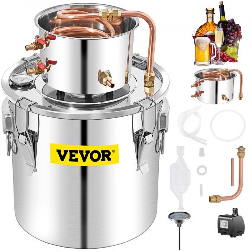 VEVOR Alcohol Still, 50L Stainless Steel Water Alcohol Distiller with Condenser, 13.2Gal Wine Making Boiler with Copper Tube, Home Brewing Kit with Built-in Thermometer for DIY Whisky Wine Brandy, Sil
