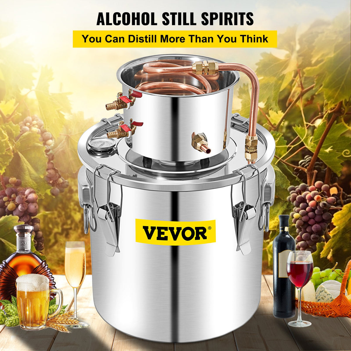 VEVOR Alcohol Still, 50L Stainless Steel Water Alcohol Distiller with Condenser, 13.2Gal Wine Making Boiler with Copper Tube, Home Brewing Kit with Built-in Thermometer for DIY Whisky Wine Brandy, Sil