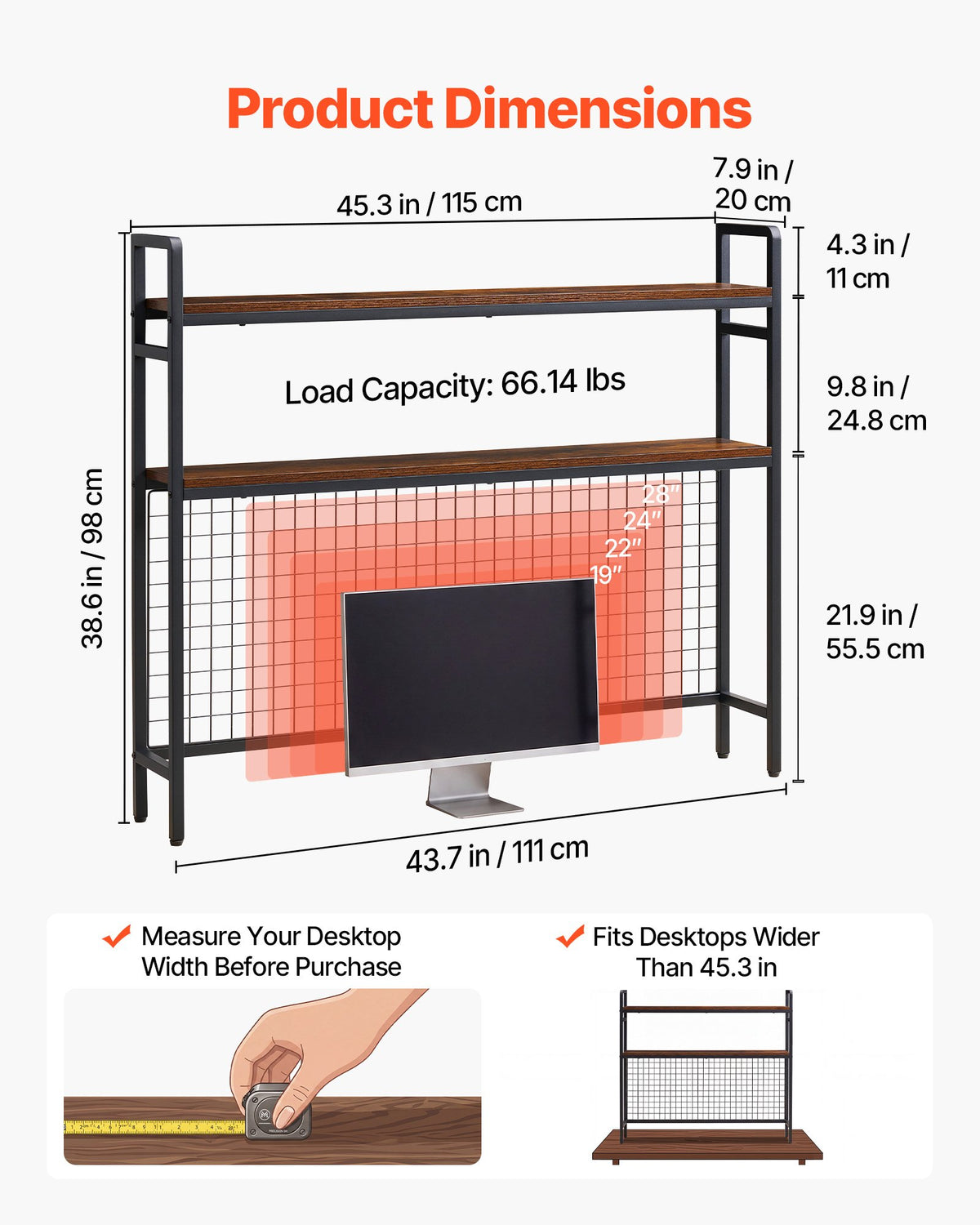 VEVOR Desktop Bookshelf 3-Tier Countertop Storage Hutch with Grid Black, for Computer Desk, Metal Frame and Wooden Shelf, with Non-Slip Feet Pads, Desk Hutch Storage Organizer for Dorm, Home, Office