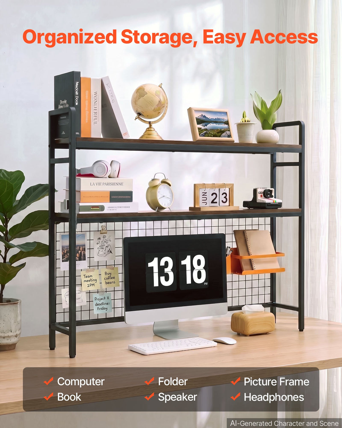 VEVOR Desktop Bookshelf 3-Tier Countertop Storage Hutch with Grid Black, for Computer Desk, Metal Frame and Wooden Shelf, with Non-Slip Feet Pads, Desk Hutch Storage Organizer for Dorm, Home, Office