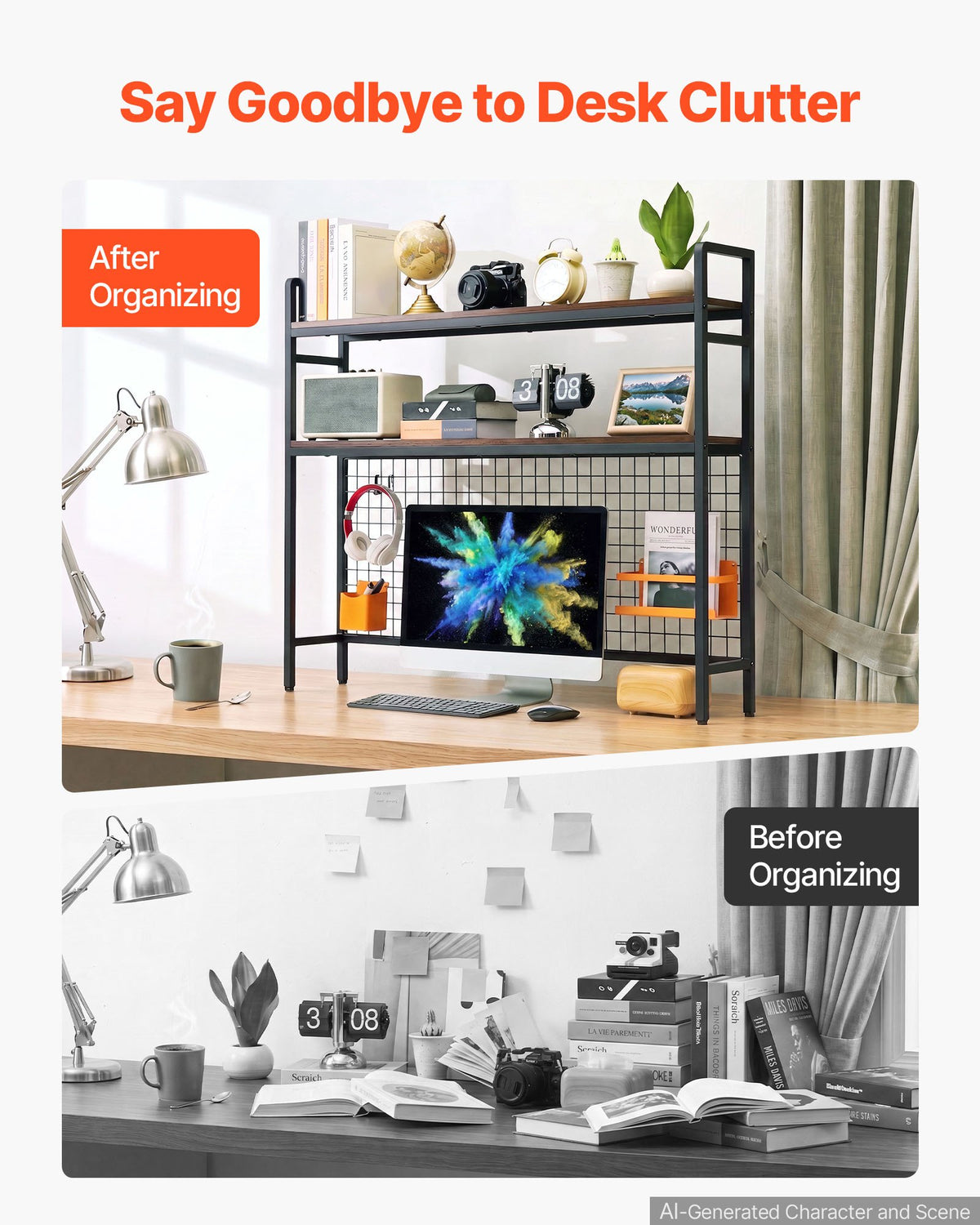 VEVOR Desktop Bookshelf 3-Tier Countertop Storage Hutch with Grid Black, for Computer Desk, Metal Frame and Wooden Shelf, with Non-Slip Feet Pads, Desk Hutch Storage Organizer for Dorm, Home, Office